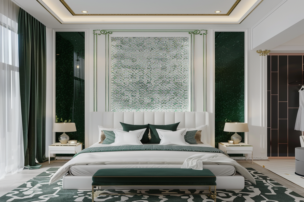 Modern White And Green Master Bedroom Design With Mosaic Wallpaper And Wall Trims