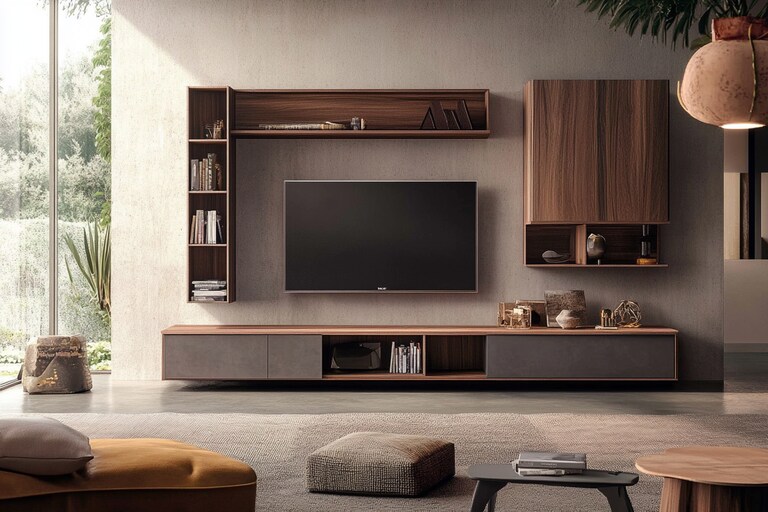 Modern Brown TV Unit Design With Open Shelves — free download
