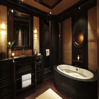 Contemporary Black And Brown Bathroom Design With Square Mirror