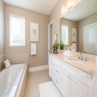 Minimal Off-White And Beige Bathroom Design With White Bathroom Cabinet