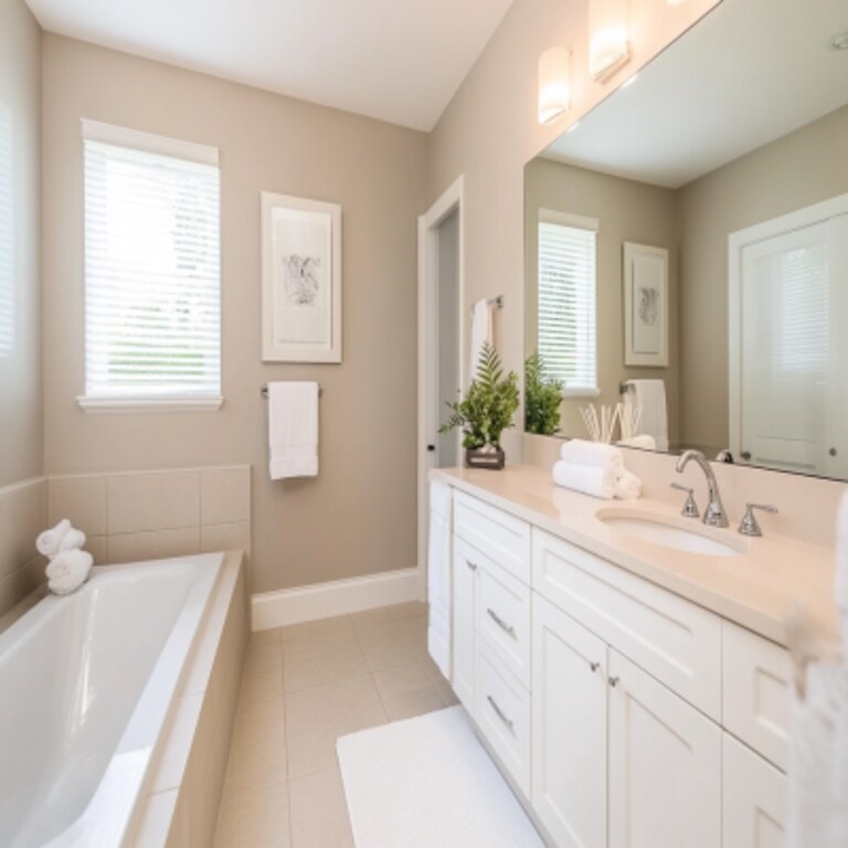 Minimal Off-White And Beige Bathroom Design With White Bathroom Cabinet