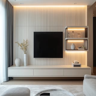 Modern Frosty White TV Unit Design with Fluted Wooden Panelling