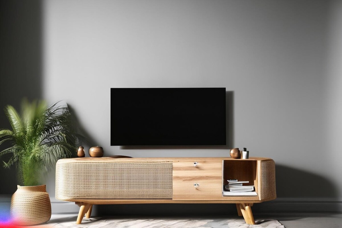 Modern Rattan TV Unit Design with Grey Accent Wall Modern Rattan TV Unit Design with Grey Accent Wall