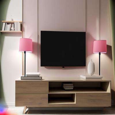 Modern TV Unit Design in Off-White Laminate with a Pink Lamp
