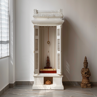 Contemporary White Pooja Mandir Design With Drawer And Shutter Storage