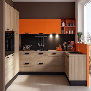 Contemporary L-Shaped Kitchen Design with Mellow Oak and Orange Accents