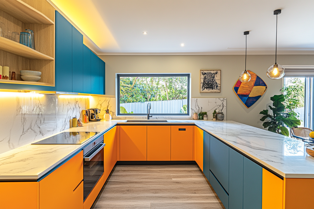 Colorful and Modern U-Shaped Kitchen Design With Storage Units