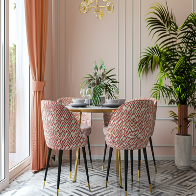 Minimal 4-seater Pink And Beige Dining Room Design With Patterned Chair