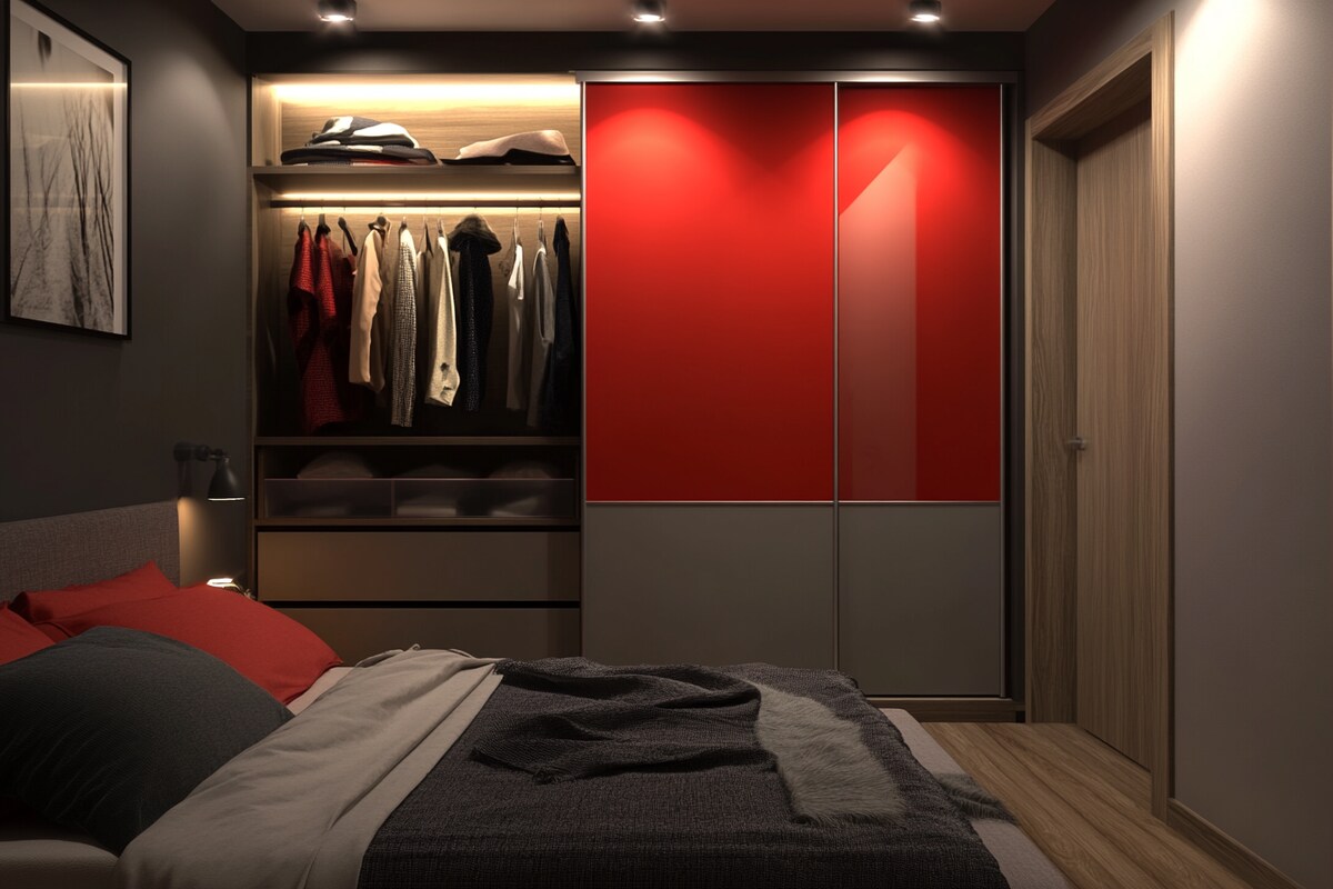 Modern 2-Door Cardinal Red And Pumic Grey Sliding Wardrobe Design With Open Shelves And Loft Storage