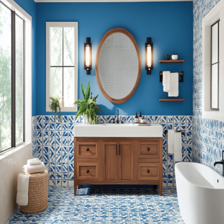 Mid-Century Modern Bathroom Design in Blue and White Tile With Vanity