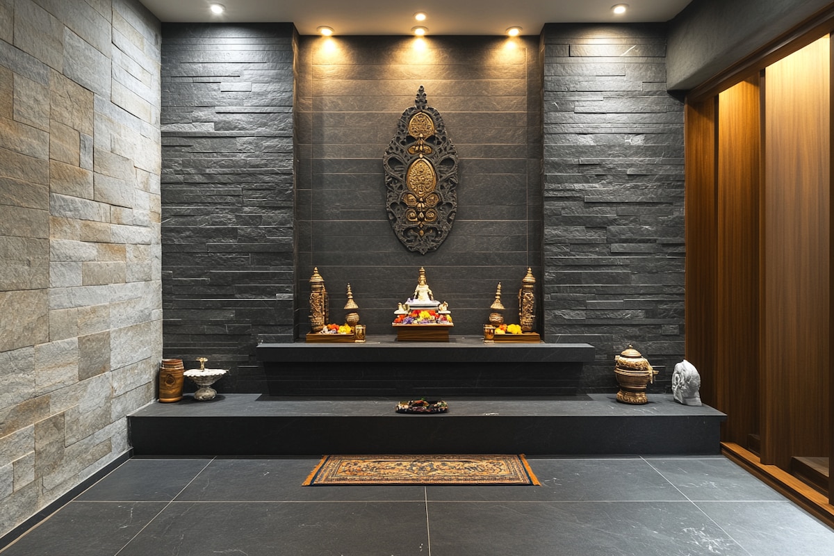 Modern Pooja Room Design With Grey Stone Cladding And Motif Design