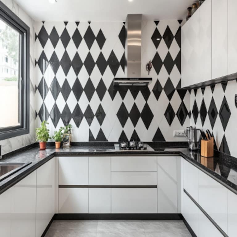 Modern Diamond-Shaped Black And White Kitchen Tile Design