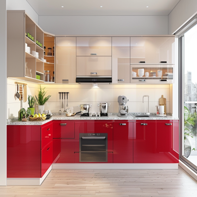 Modern L-Shaped Kitchen Design With Modular Ibisco And Light Beige Kitchen Cabinets