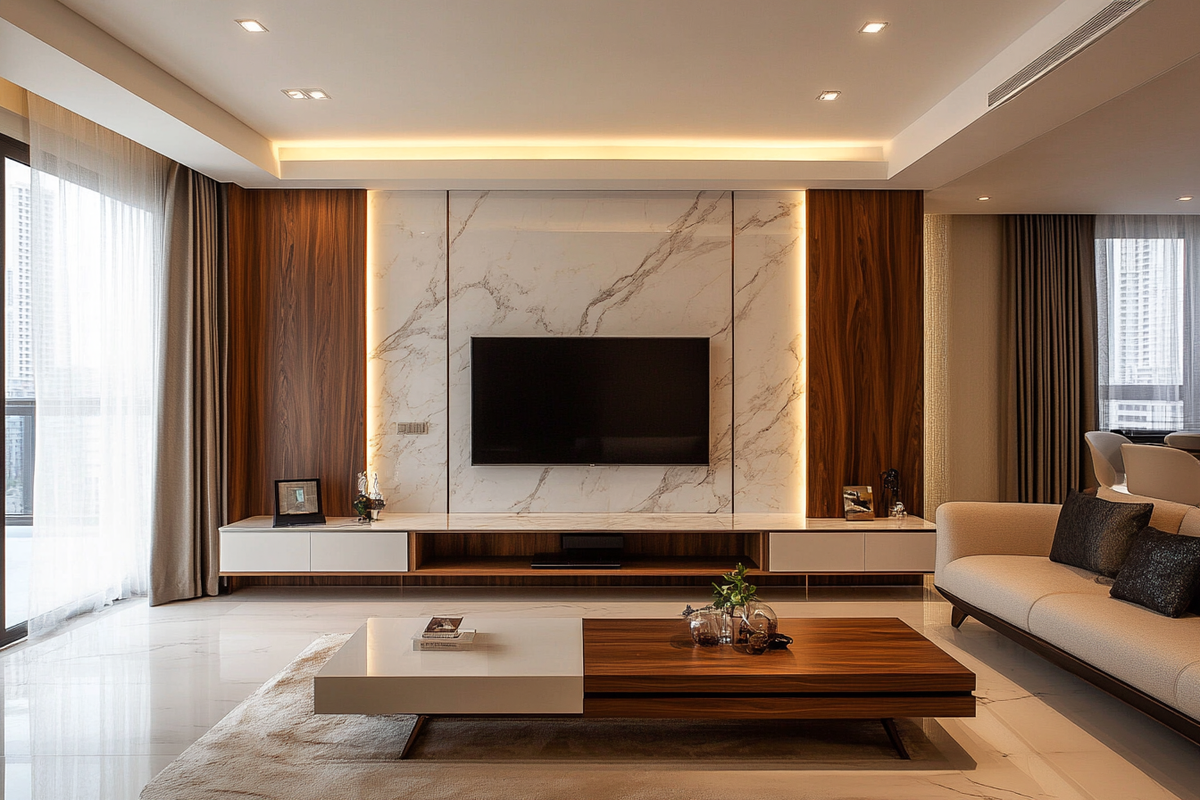 Modern Wood And White TV Unit Design With Spacious Marble Back Panel