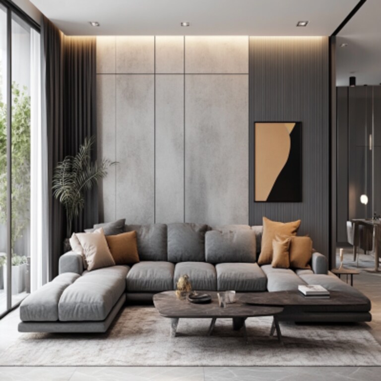 Modern Living Room Design With Grey Sectional Sofa And Accent Wall