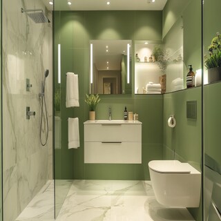 Modern Green And White Bathroom Design With Marble Flooring