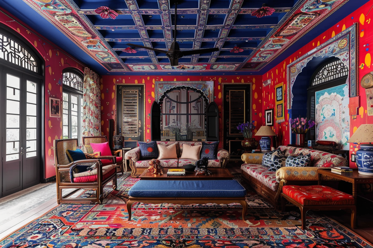 Indian Traditional Living Room Design With Blue-Red Wallpaper And Geometric False Ceiling