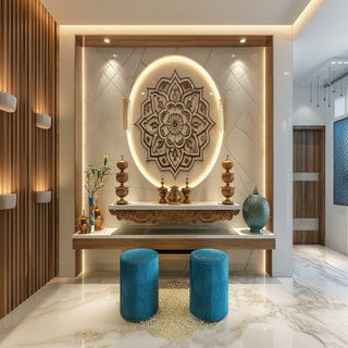 Contemporary Wall-Mounted Wood And White Pooja Room Design With Blue Stools And Om Mandala