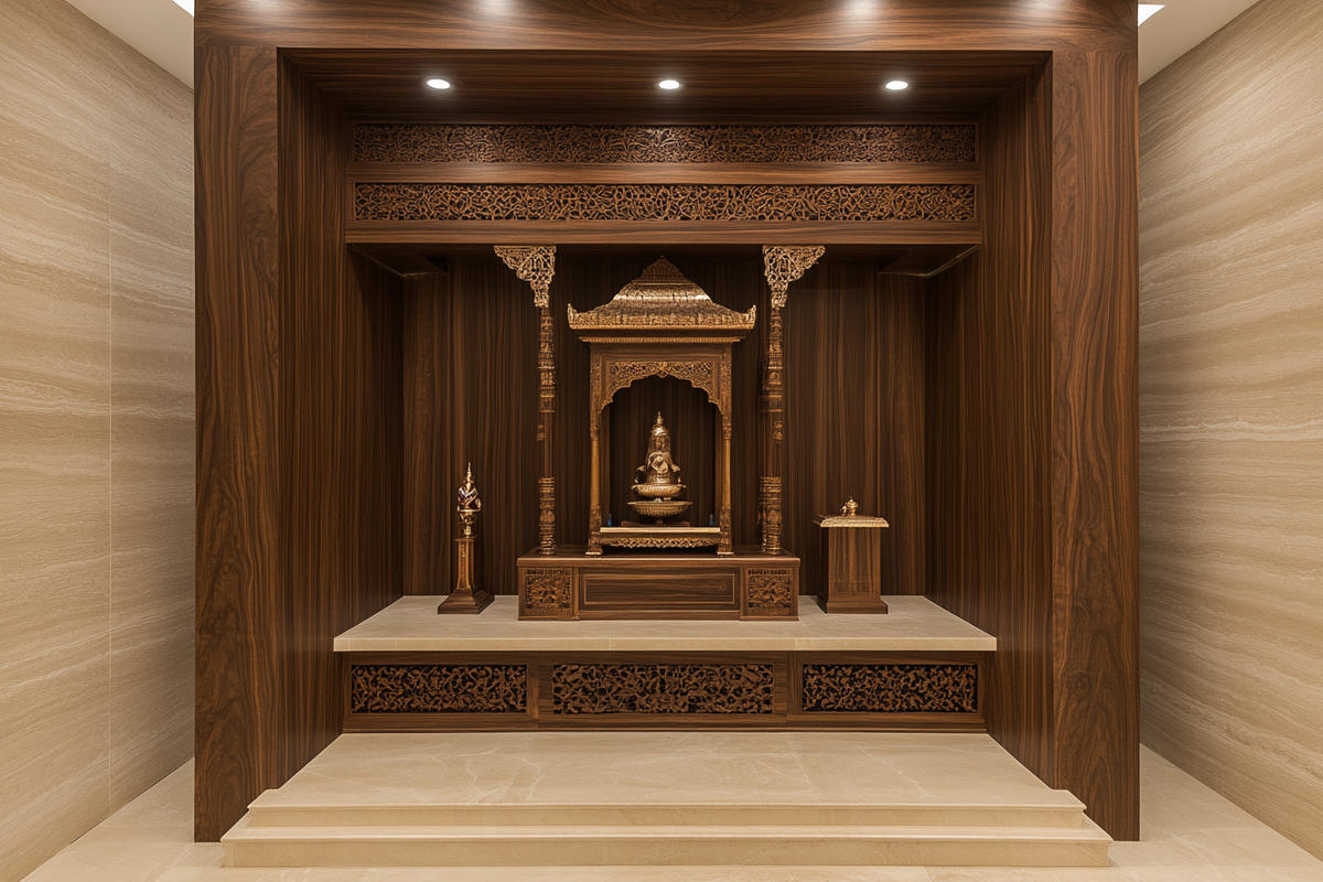 Modern Open Mandir Desin With Persian Walnut Laminates