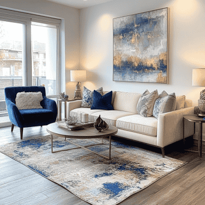 Modern Eclectic Living Room Design with Cream Sofa and Blue Accent Chair