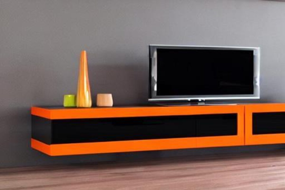 Modern TV Unit Design in Black and Orange Laminate for Small Living Rooms Modern TV Unit Design in Black and Orange Laminate for Small Living Rooms