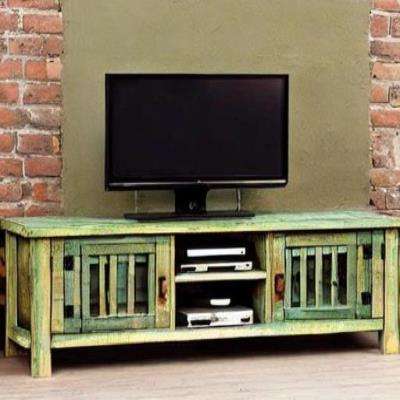 Rustic TV Unit Design in Green with Brick Walls