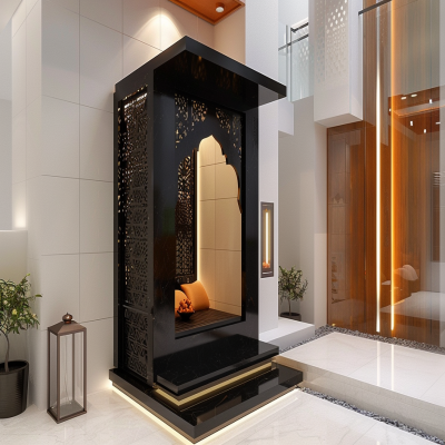 Floor-mounted Modern Pooja Mandir Design With A Black CNC Panel