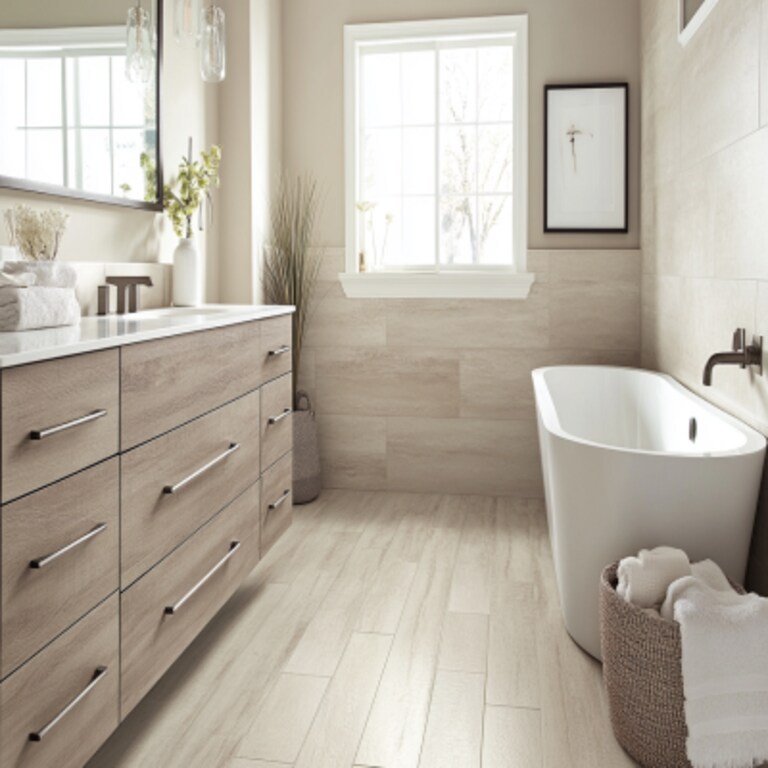 Beige Contemporary Bathroom Design With Wooden Laminate Vanity Storage