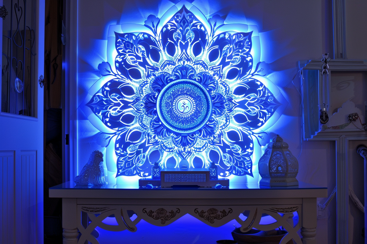 Modern Frosty White Mandir Design With Blue Backlit Om Mandala