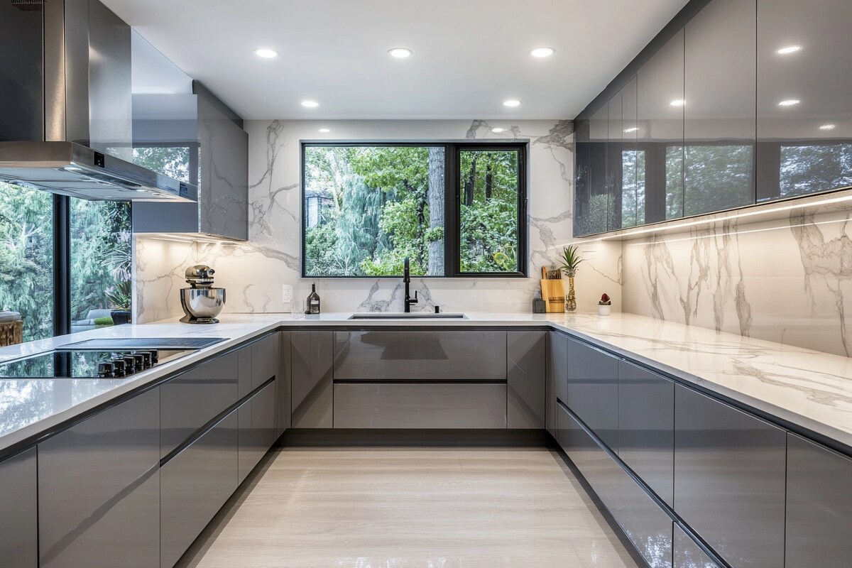 Modern Grey U-Shaped Modular Kitchen Design With White Marble Backsplash