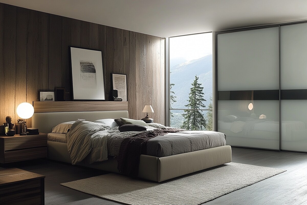 Modern Master Bedroom Design With Frosted Glass Shutter Sliding Wardrobe