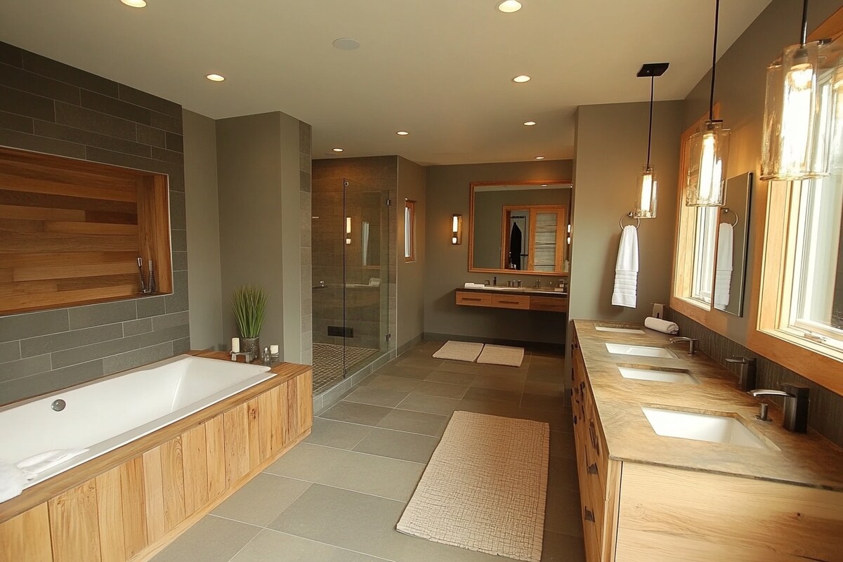 Contemporary Grey And Wood Bathroom Design With Pendant Lights