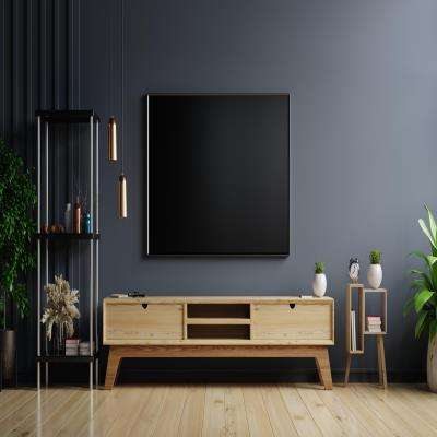 Modern TV Unit Design in Brown and Beige Laminate with Pendant Lights
