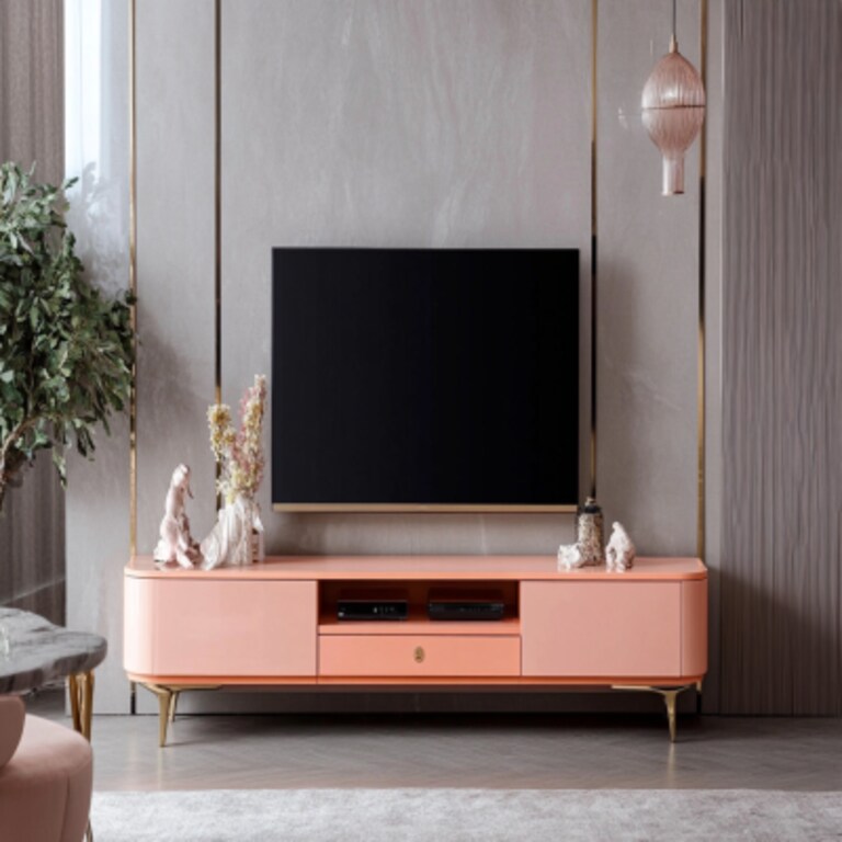 Contemporary Peach TV Unit Design with Drawers and Open Storage Rack