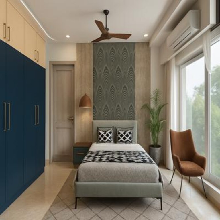 Bedroom with Blue Wardrobes and Patterned Head Wall