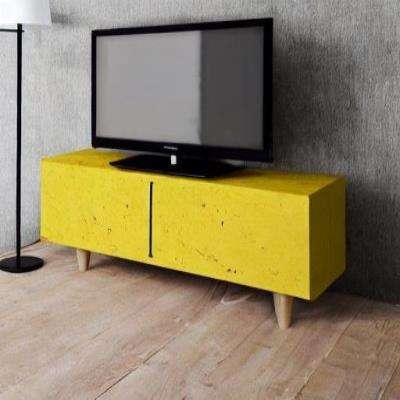 Rustic TV Unit Design in Yellow with White Floor Lamp