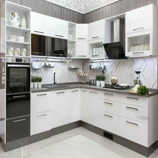 Contemporary Modular Glossy L-Shaped Kitchen Design With White Herringbone Backsplash