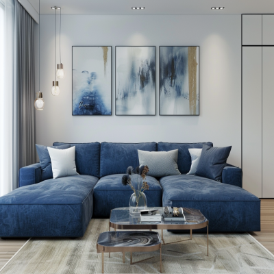 Contemporary Living Room Design With Blue Sectional Sofa