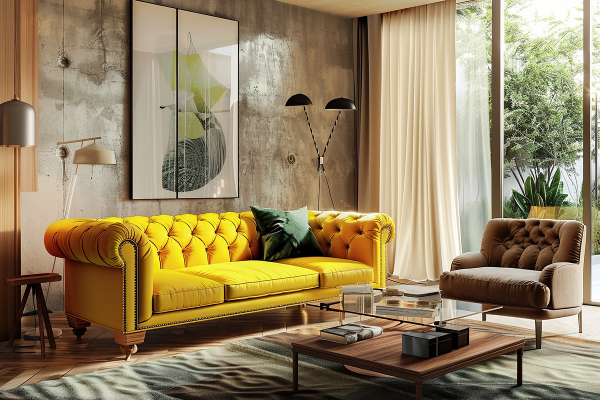 Modern Living Room Design With Parallel Lime Yellow Chesterfield Sofas