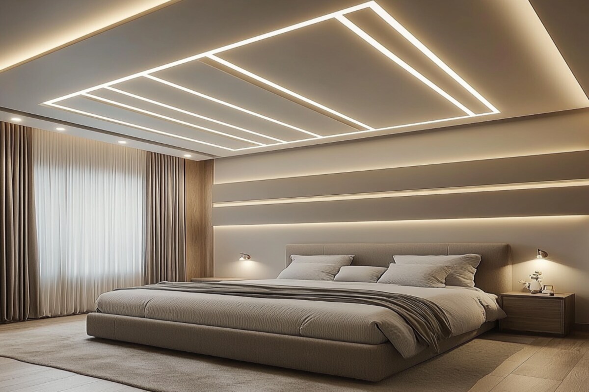 Modern Multilayered Gypsum Bedroom False Ceiling Design With White Stripes