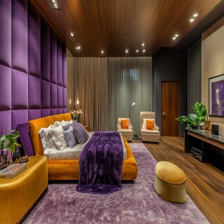 Modern Master Bedroom Design With Purple Floor-To-Ceiling Wall Panelling