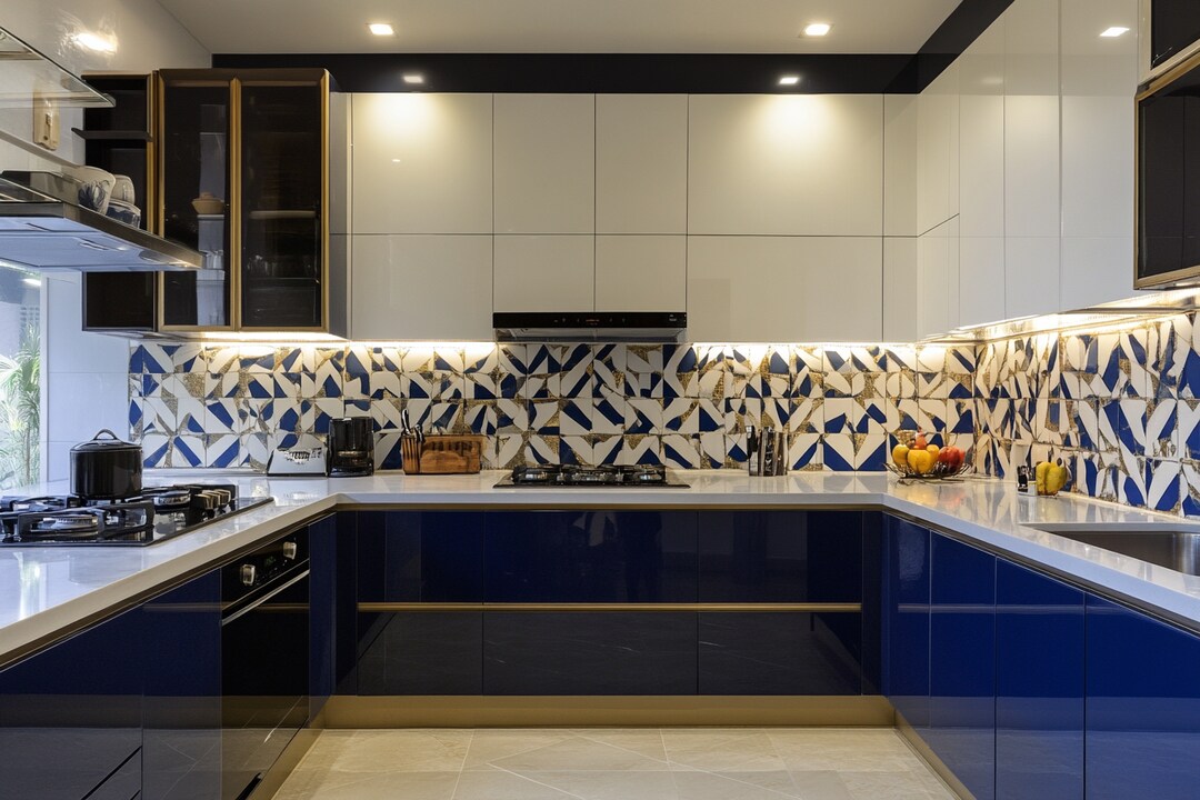 Modern Modular Dark Blue And White Indian Kitchen Design With Geometric ...