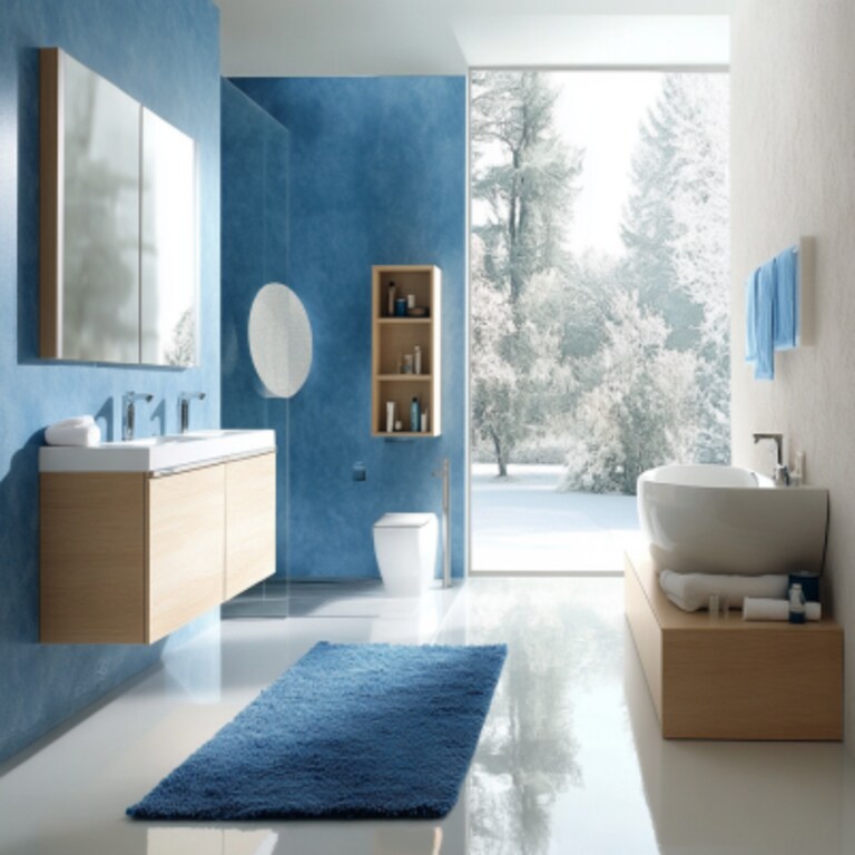 Contemporary Blue And White Bathroom Design With Wooden Storage