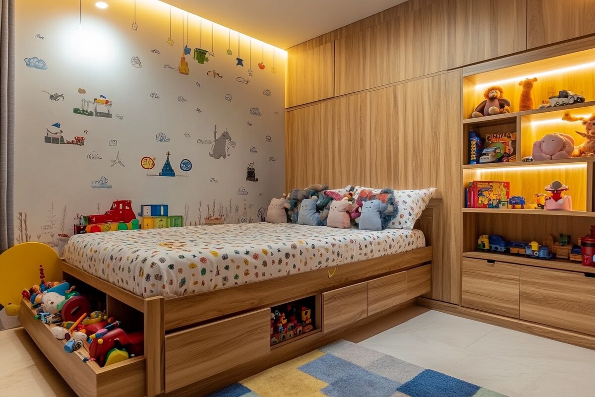 Contemporary Kids Bedroom Design With Wooden Bed With Storage