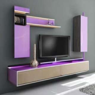 Modern TV Unit Design in Beige and Purple Laminate with Grey Rug