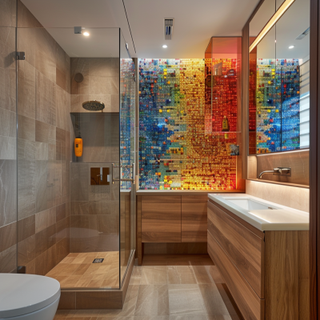 Modern Multi Coloured Mosaic Bathroom With Wooden Bathroom Cabinet Design