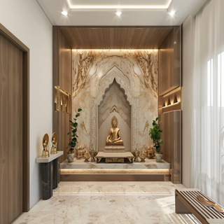 Contemporary Champagne-Toned And Wooden Mandir Design With Marble Wall Panel