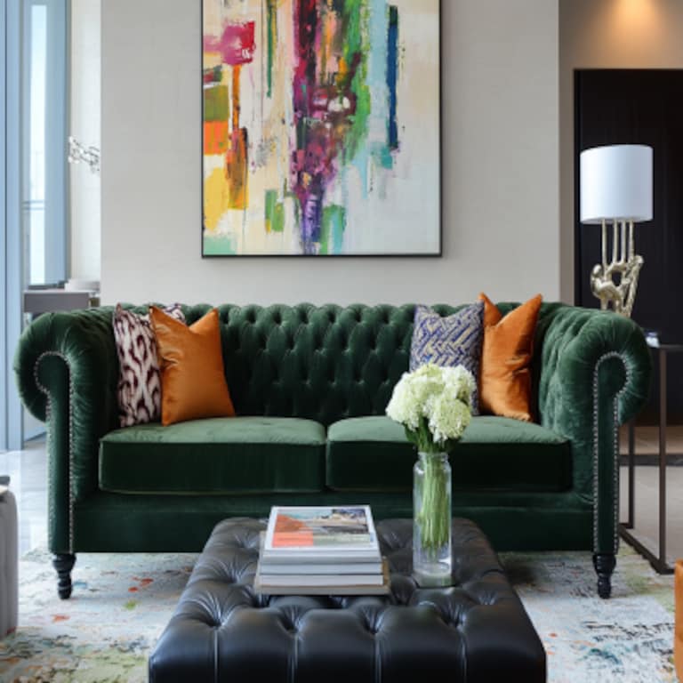 Contemporary Living Room Design With Dark Green Chesterfield Sofa