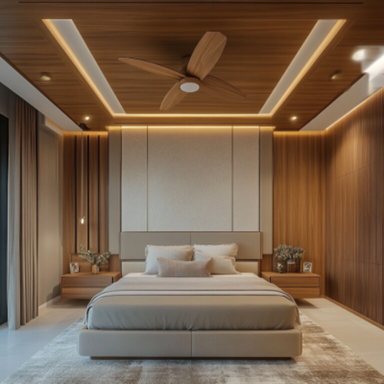 Contemporary Rectangle Bedroom Ceiling Design With Wooden Fan