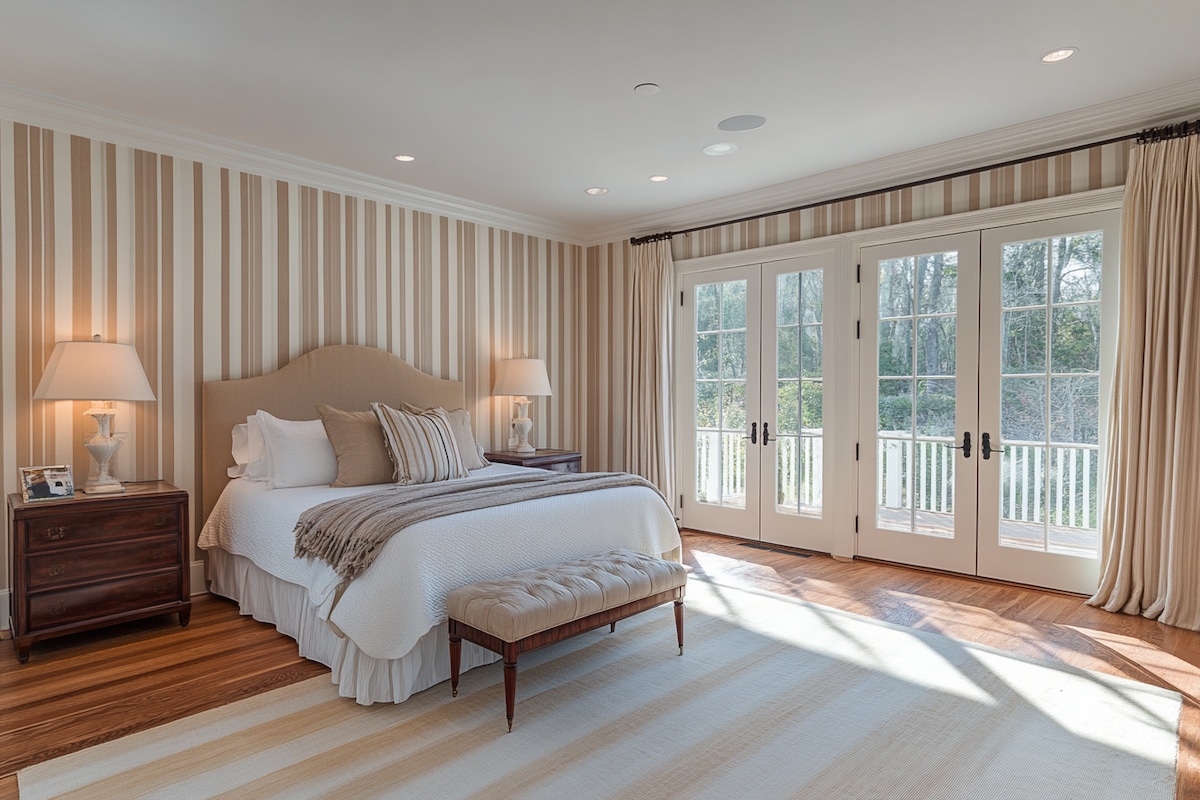 Modern Master Bedroom Design With Beige And White Striped Wallpaper